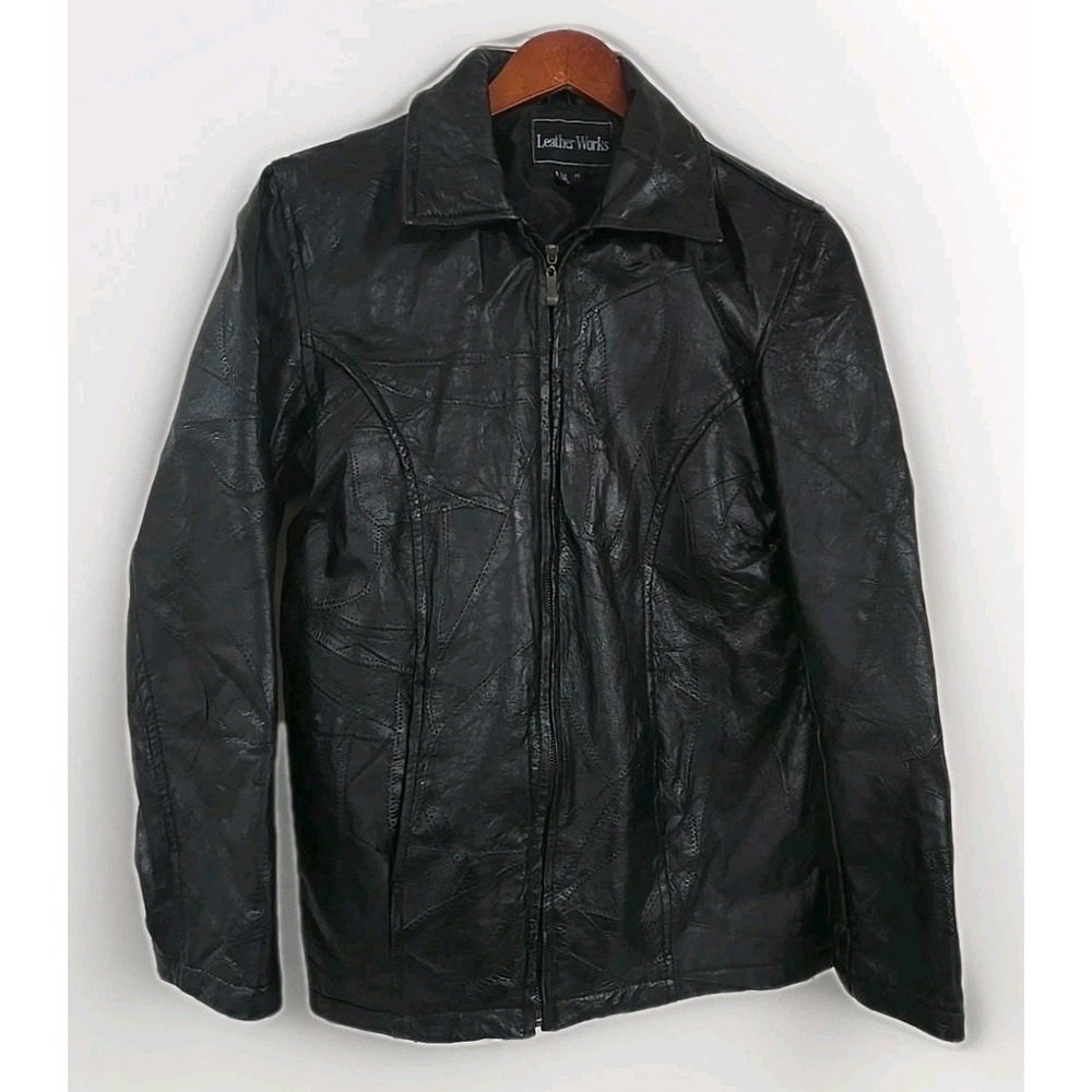 VTG Leather Works Black Leather Jacket Mens Medium Classic Biker Coat Heavyweigh
